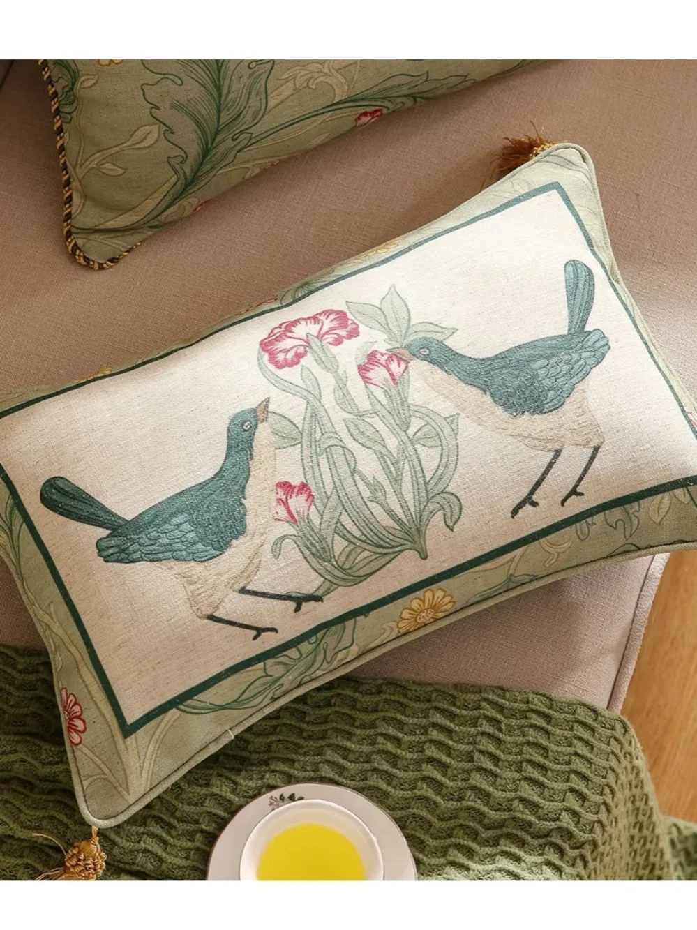 Patdrea “Birds” Lumbar Pillow Cover with Tassels 12x20” (1-count) BLUE GREEN